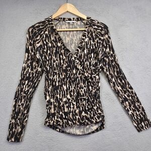 CAbi Top Womens S Brown Black Raglan Animal Print Ruched‎ Maximalist Cocktail